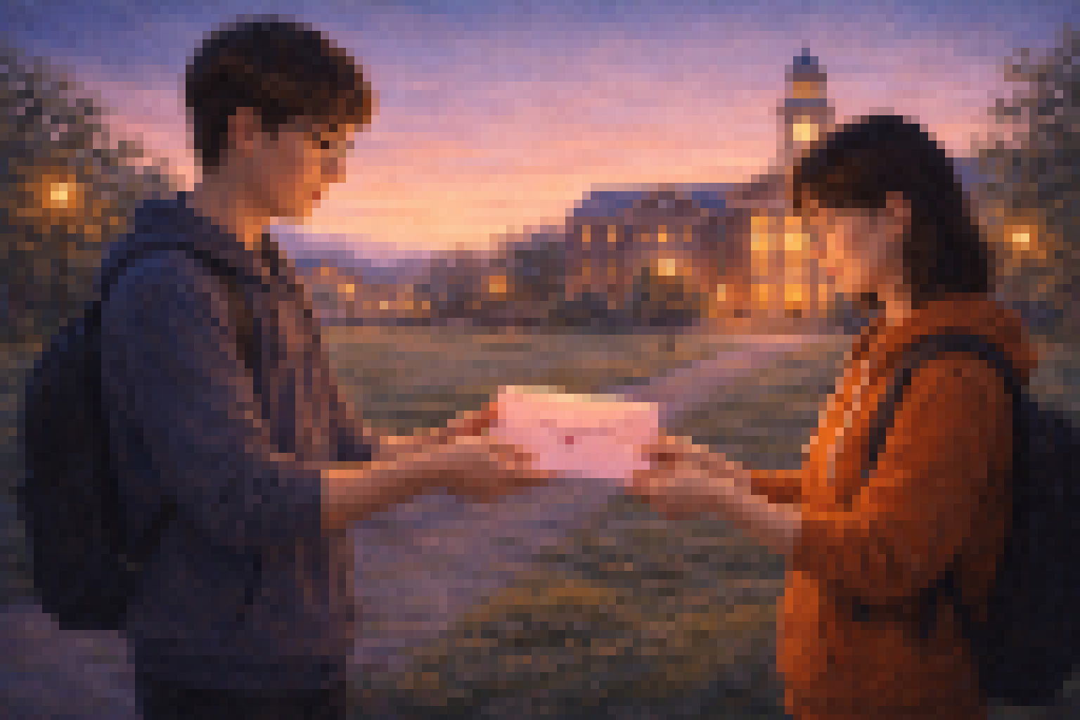 A boy shyly gives a pink letter to a girl on a quiet university campus at sunset, capturing a gentle confession moment in soft painterly anime style.