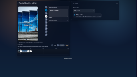 Text slide video editor interface showing a caption “A note is created” over a vertical preview, with timeline controls and export options in a browser