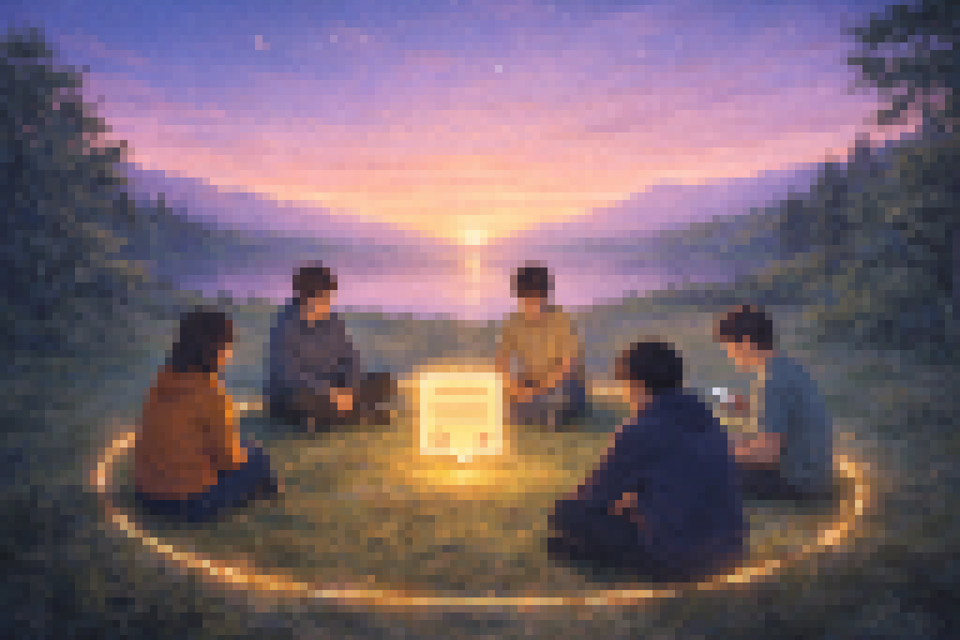 Five young people sit in a quiet circle by a lake at sunset, gathered around a softly glowing message that connects them in a calm, reflective moment.