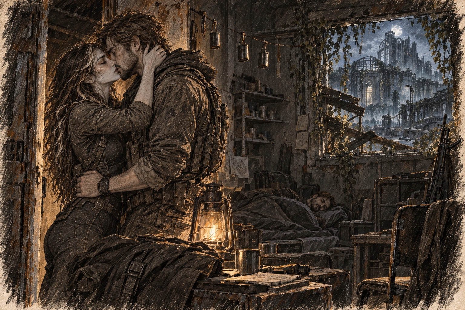 Ava and Gabriel face the overgrown hospital courtyard