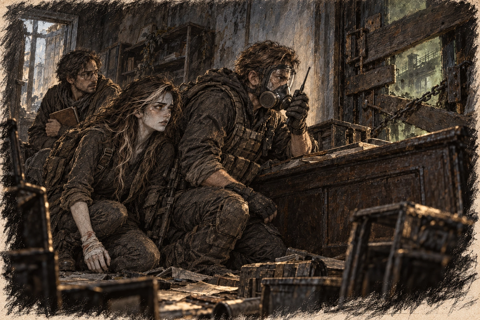 Ava and Gabriel hurry toward the subway firefight