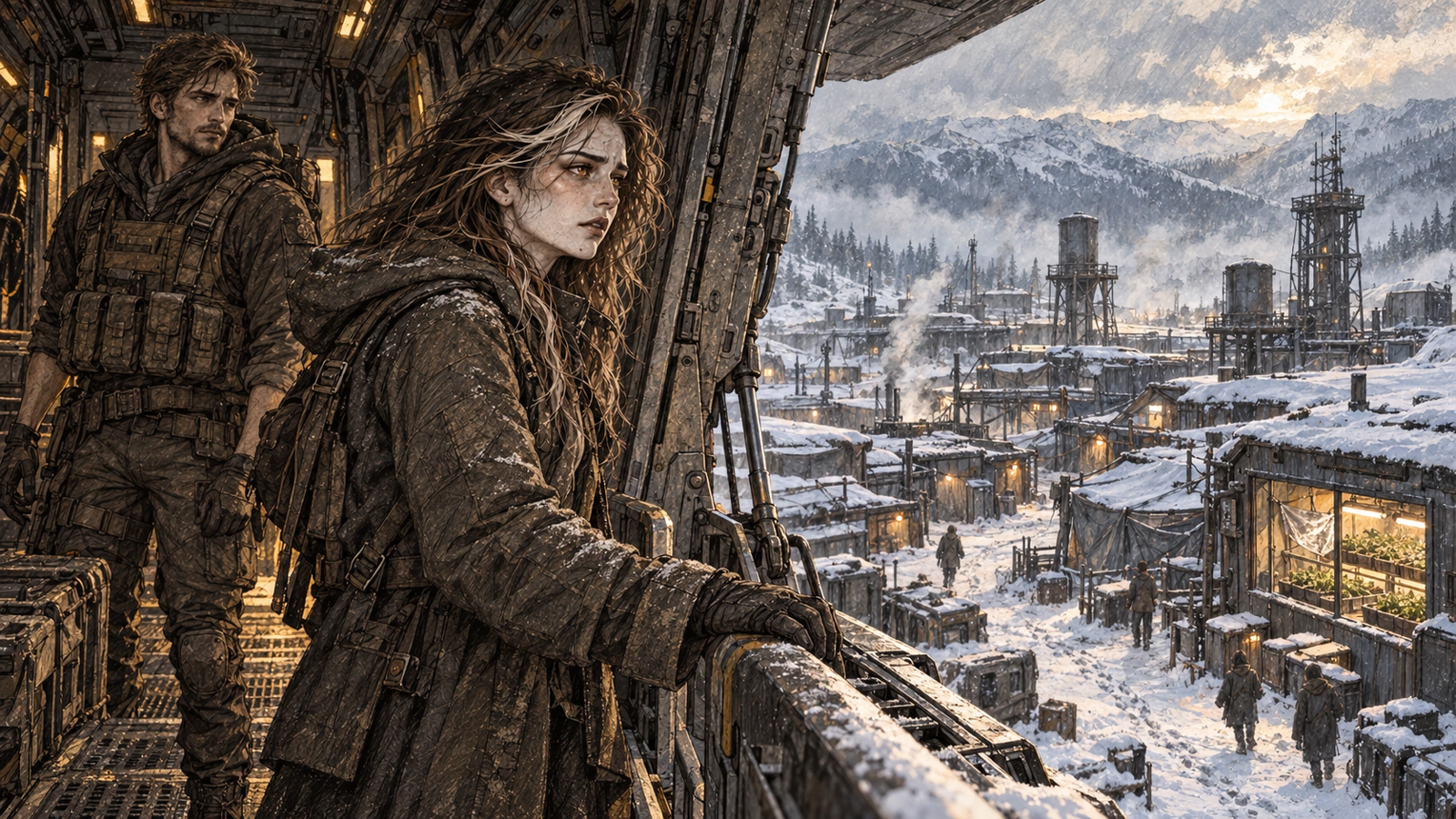 Ava stands at Haven’s Vanguard’s open loading hatch above a snowy settlement