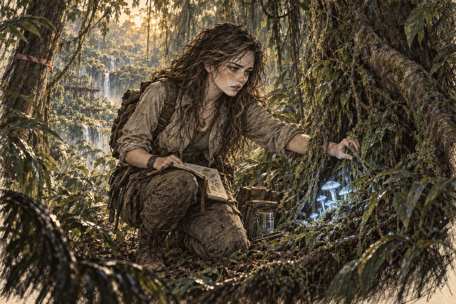 Ava kneeling beside pale-blue bioluminescent fungus beneath the dense jungle canopy