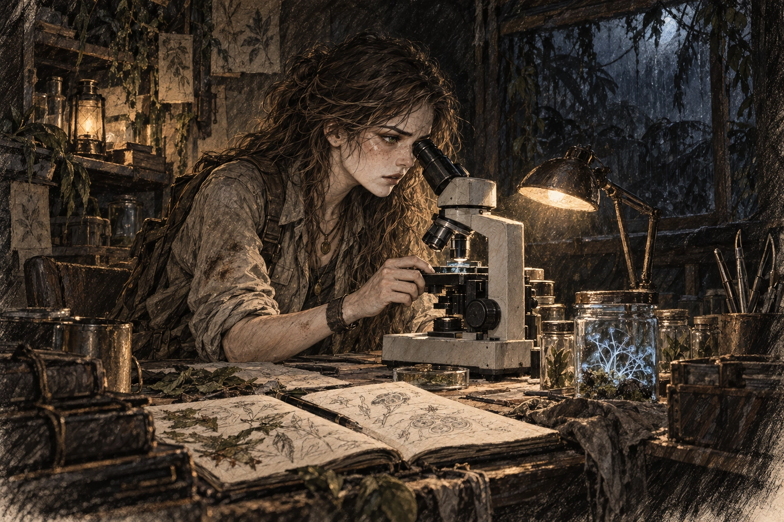 Ava examining luminous alien filaments through a microscope in her darkened laboratory