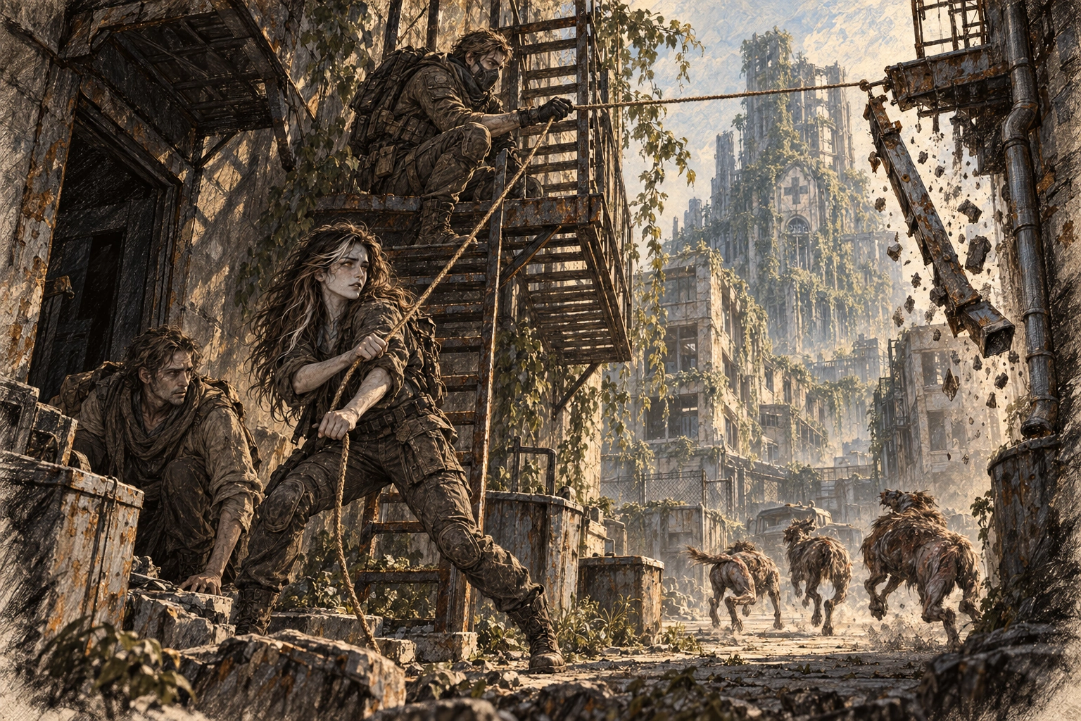 Ava, Gabriel, and Harrow cross the ruined city toward the hospital