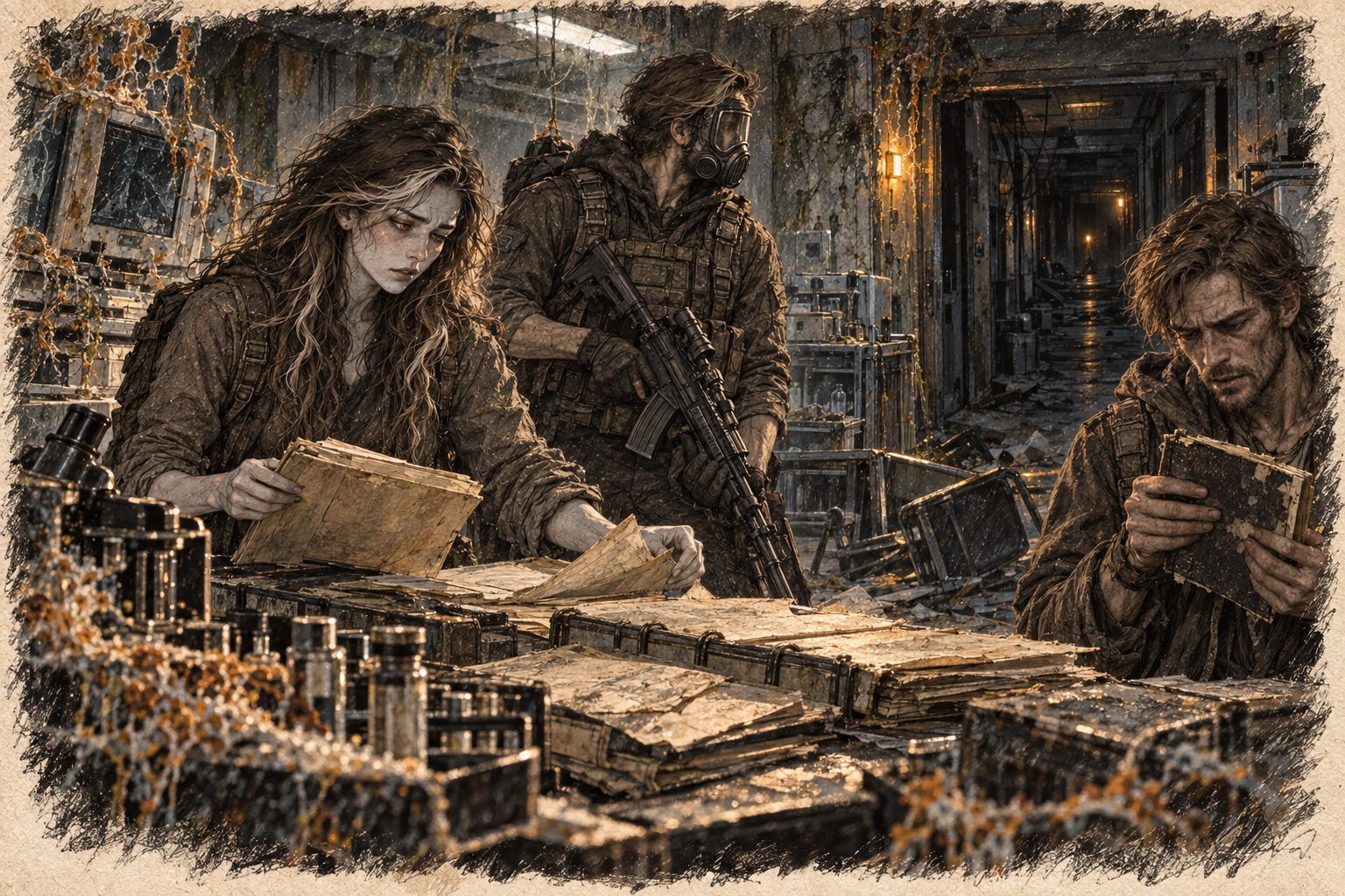 Ava, Gabriel, and Harrow retreat from the hospital laboratory