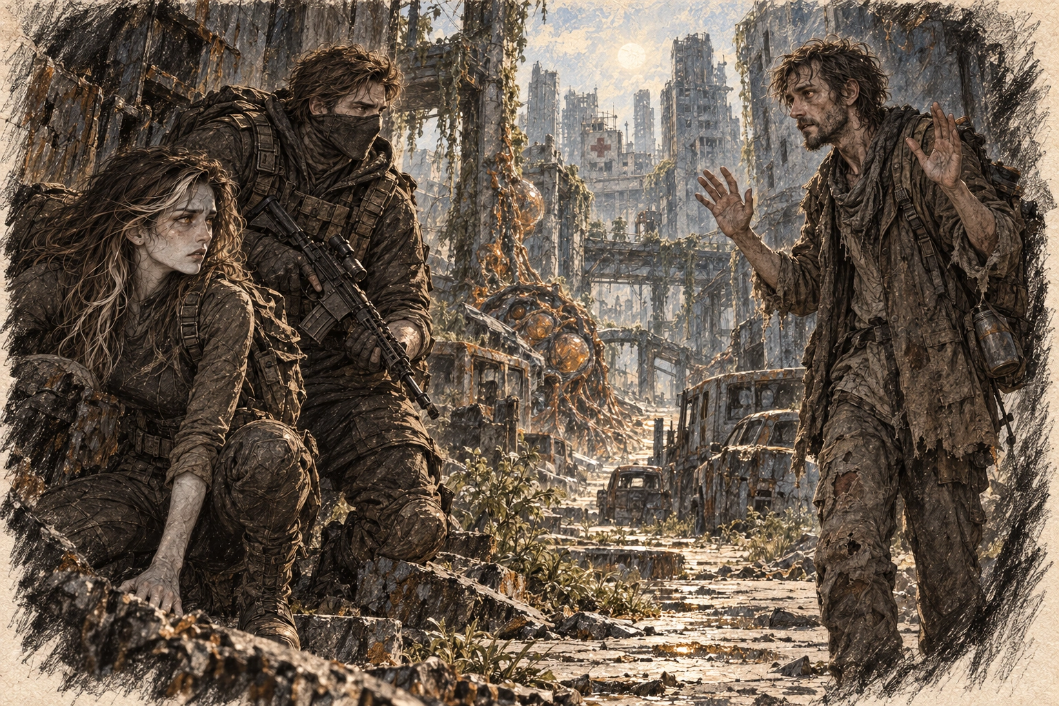 Ava, Gabriel, and Harrow shelter among abandoned vehicles at moonrise