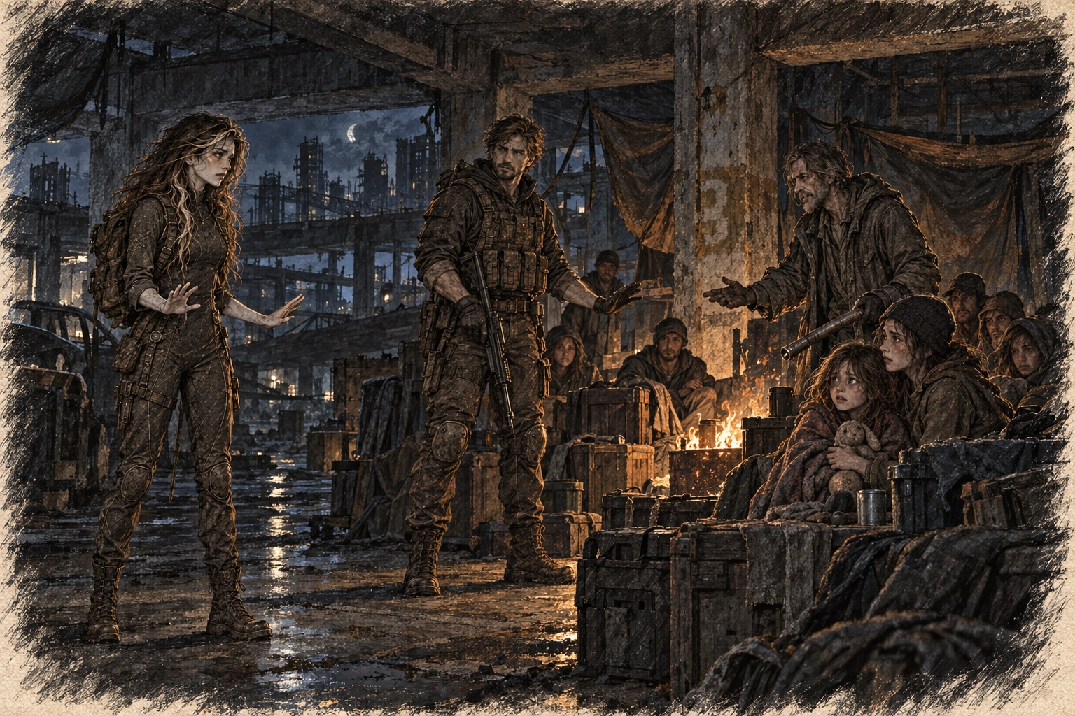 Ava keeps watch beside Gabriel and the survivors in the barricaded garage