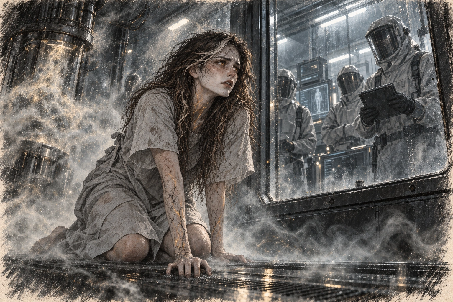 Ava kneels in the spore-filled isolation chamber while researchers observe through reinforced glass
