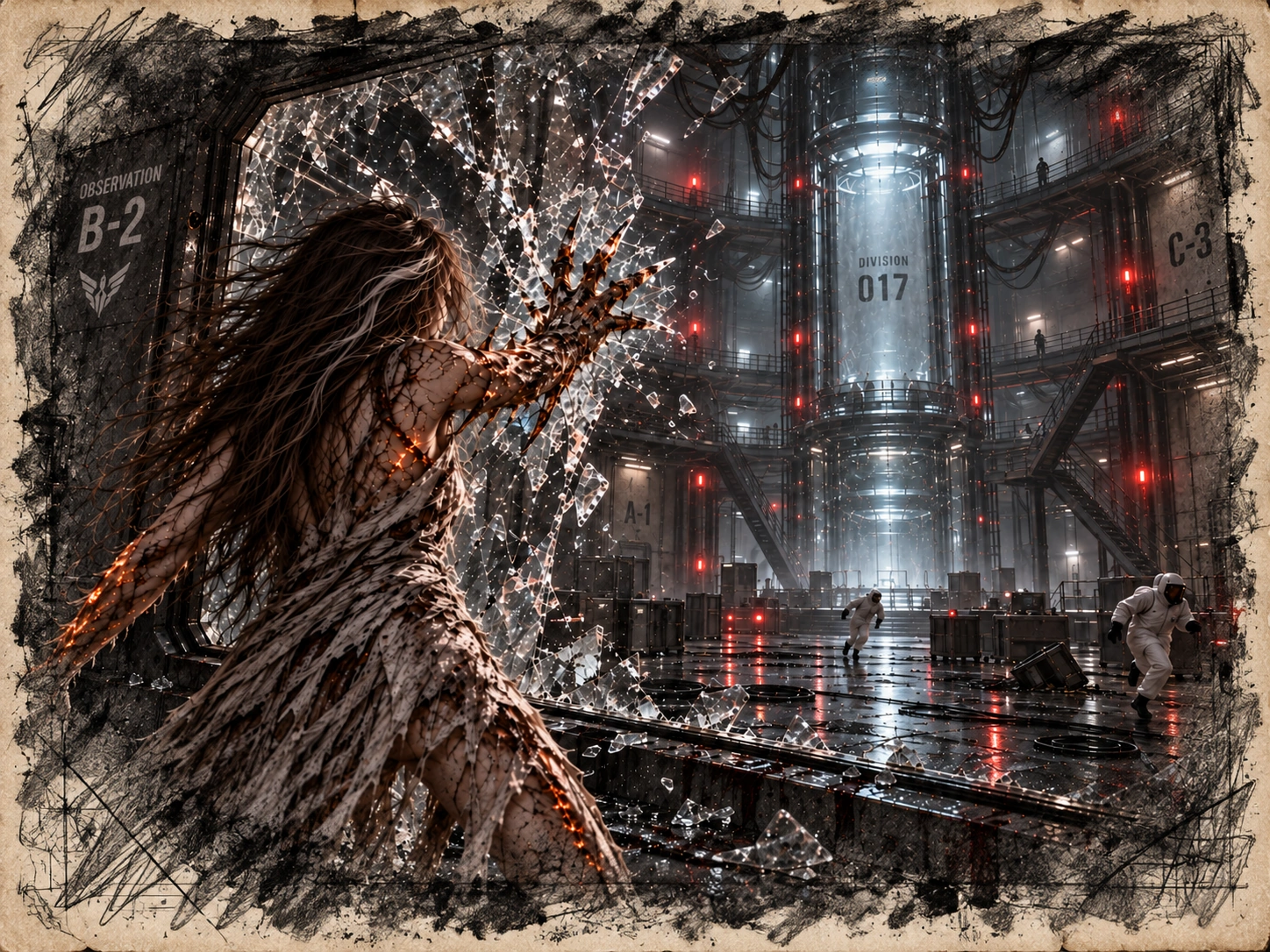 Ava's first violent transformation shatters the laboratory containment glass
