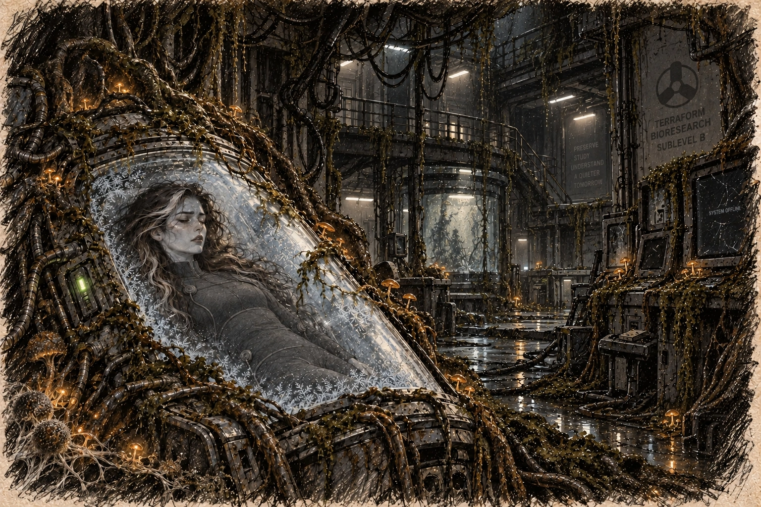 Ava sleeps in her frost-covered cryopod as roots and alien growth consume the ruined laboratory
