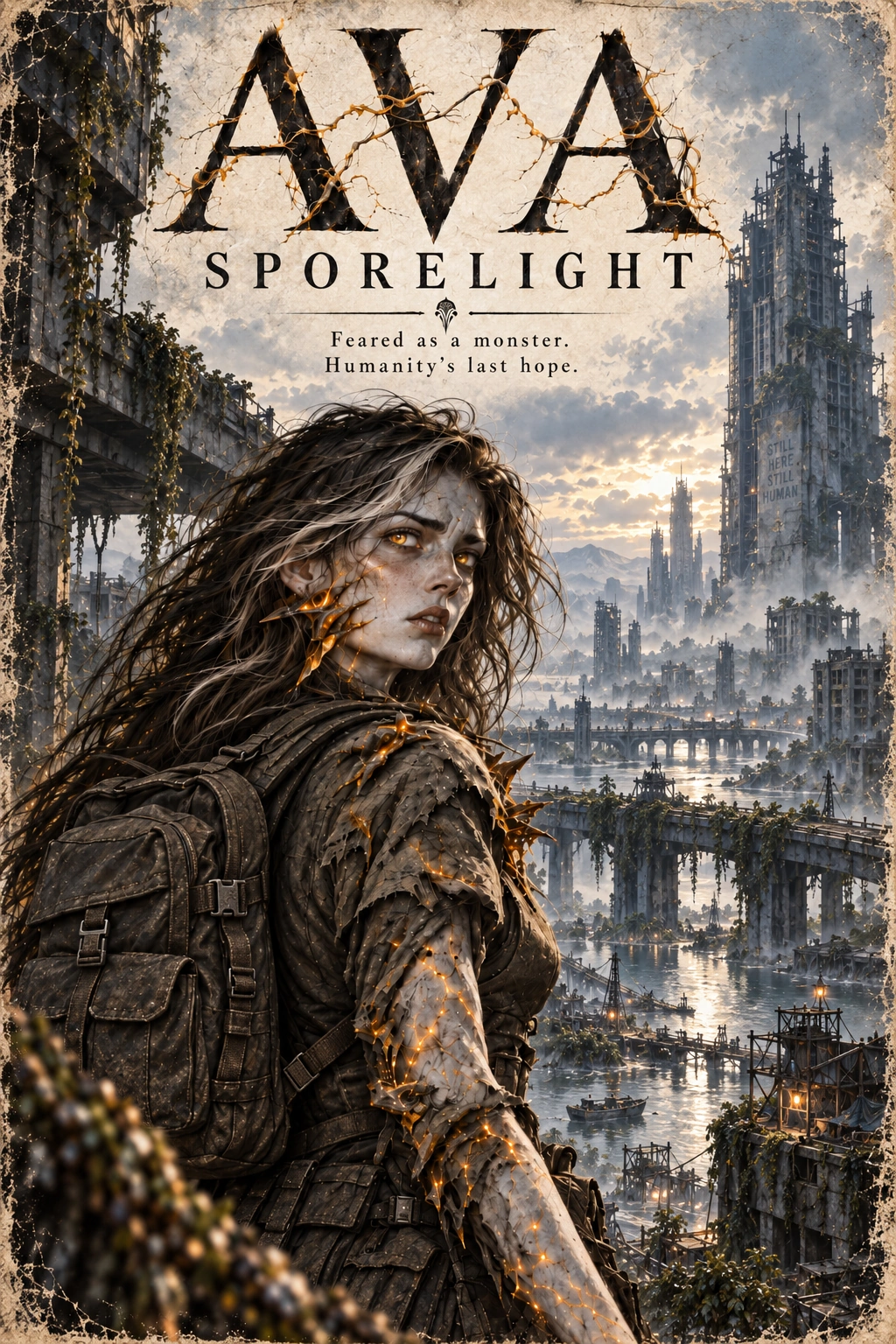 Ava standing amid luminous alien spores in the ruined world of Ava: Sporelight