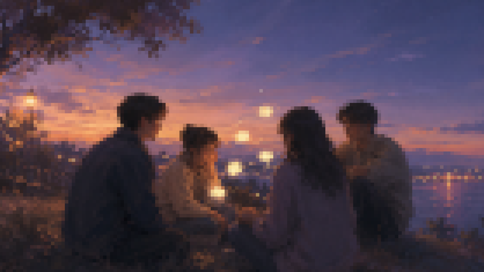 Four young adults sit near the water at dusk as glowing notes drift between them, suggesting a small shared space for familiar voices.