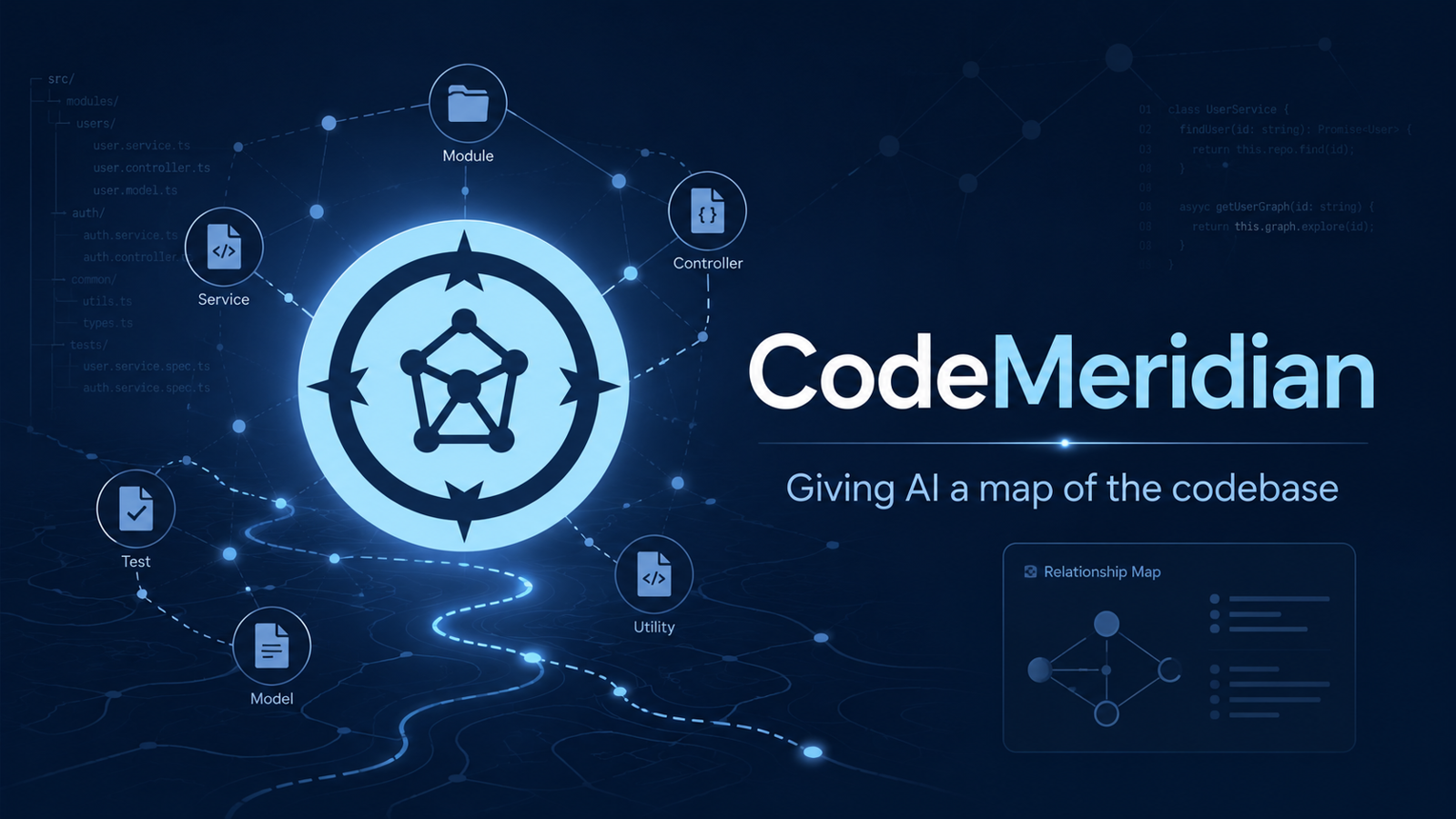 Dark blue CodeMeridian cover with compass logo, glowing graph nodes, code paths, and text: “Giving AI a map of the codebase.”