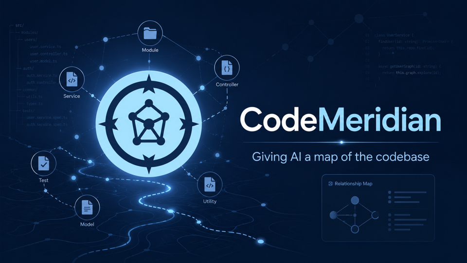 Dark blue CodeMeridian cover with compass logo, glowing graph nodes, code paths, and text: “Giving AI a map of the codebase.”
