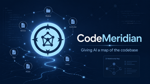Dark blue CodeMeridian cover with compass logo, glowing graph nodes, code paths, and text: “Giving AI a map of the codebase.”
