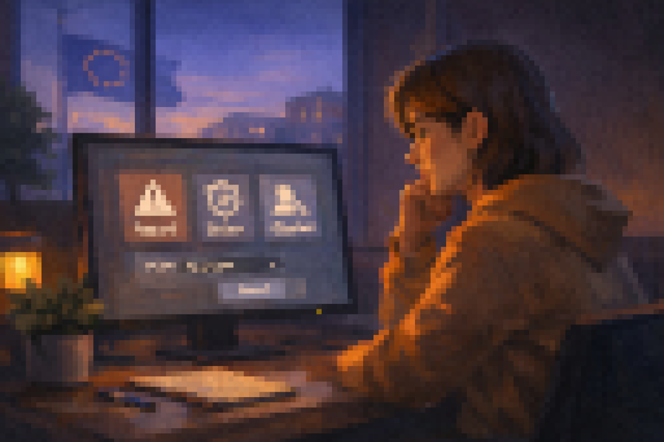 ainterly illustration of a woman at a desktop computer reviewing report and safety options on screen, warm evening light with a European flag outside.