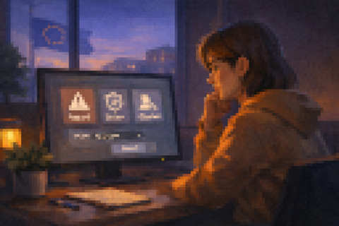 Painterly illustration of a woman at a desktop computer reviewing report and safety options on screen, warm evening light with a European flag outside.
