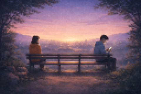 Two people sit on a bench at sunset overlooking a city. One watches the view while the other looks at a phone, reflecting different approaches to digital minimalism.