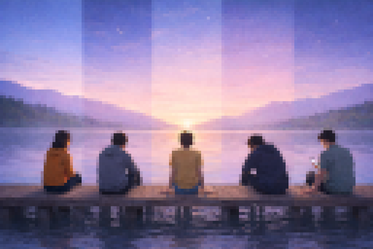 Pixel mosaic artwork of five people sitting on a wooden pier at sunset, looking across a calm lake and mountains, each figure reflecting a different quiet mood.