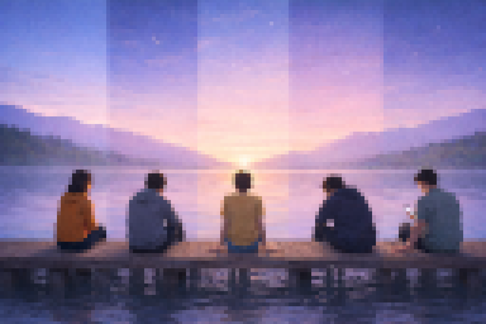 Pixel mosaic artwork of five people sitting on a wooden pier at sunset, looking across a calm lake and mountains, each figure reflecting a different quiet mood.