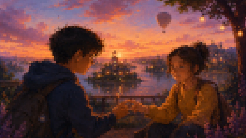 Two young people sit by the water at sunset, gently touching fingers, with glowing islands, flowers, lights, and hot-air balloons in the distance.