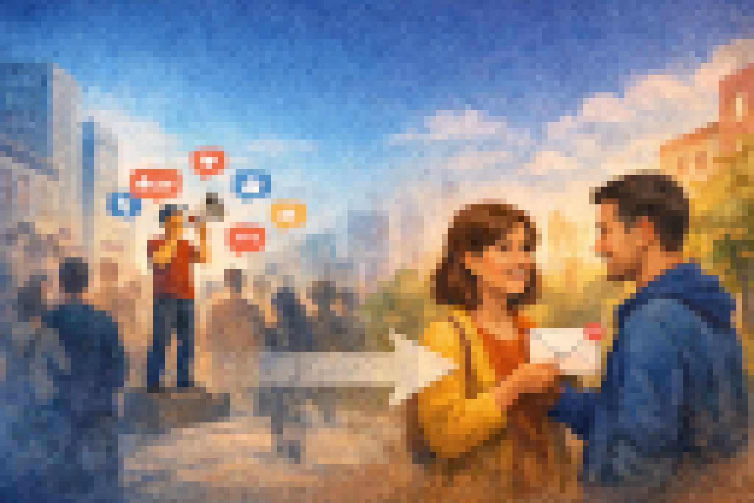 Two young people at sunset as one hands a letter to another, representing a message being passed forward instead of shouted to a crowd.