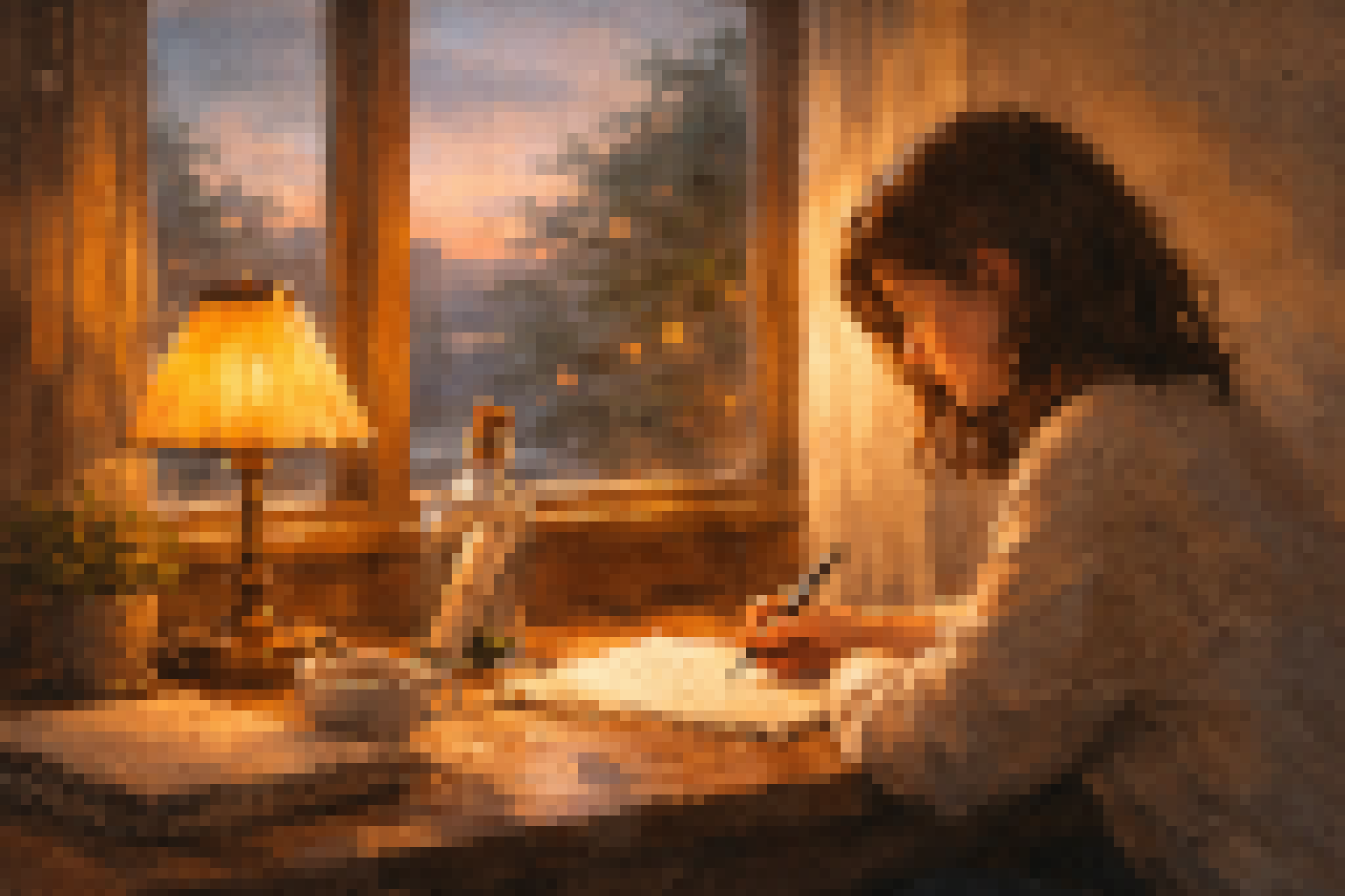 Person writing a handwritten letter at a wooden desk beside a warm lamp and window at sunset, with a glass bottle holding a rolled message.