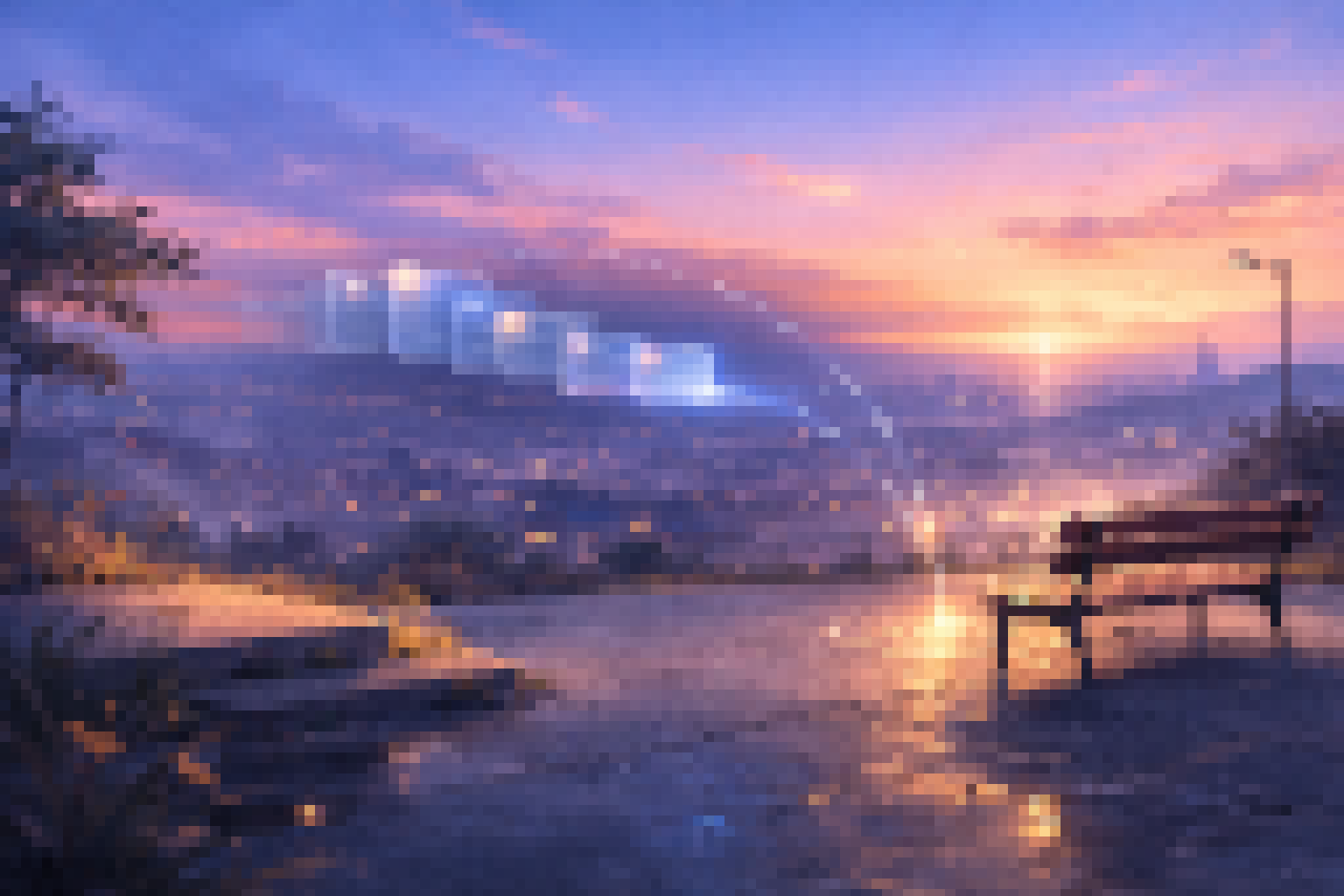 Sunset city view from a hilltop bench while glowing message cards drift through the sky in a gentle arc, symbolizing messages arriving slowly.