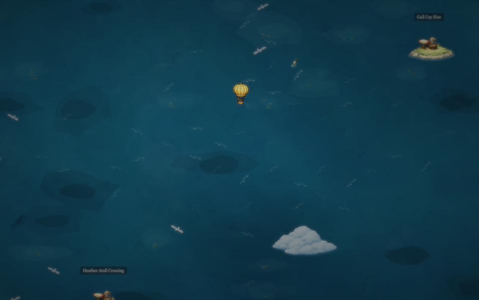Small hot-air balloon drifting over a dark blue sea, with distant islands, sea birds, wind streaks, a soft cloud, and faint underwater shapes.