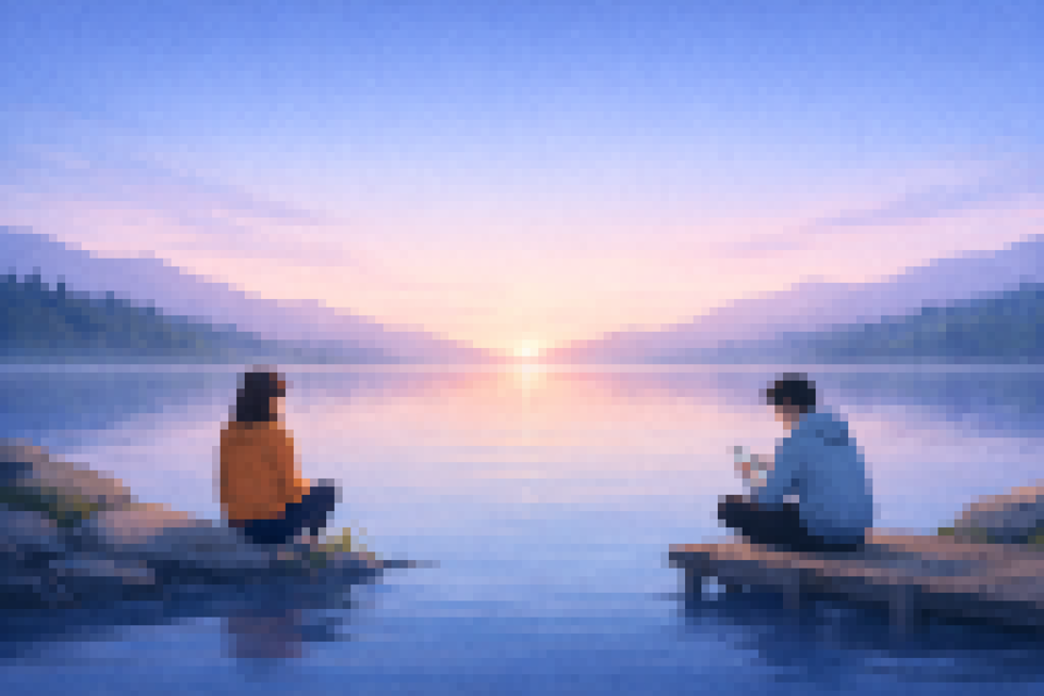 Two people sitting apart by a calm lake at sunset, one looking at the water and the other using a phone, surrounded by trees and mountains.